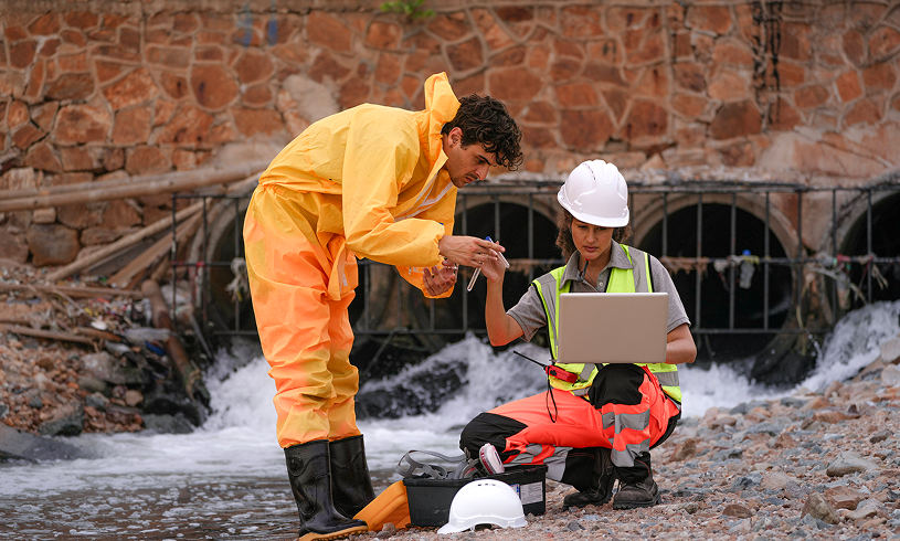 Scientists conducting field research by stream