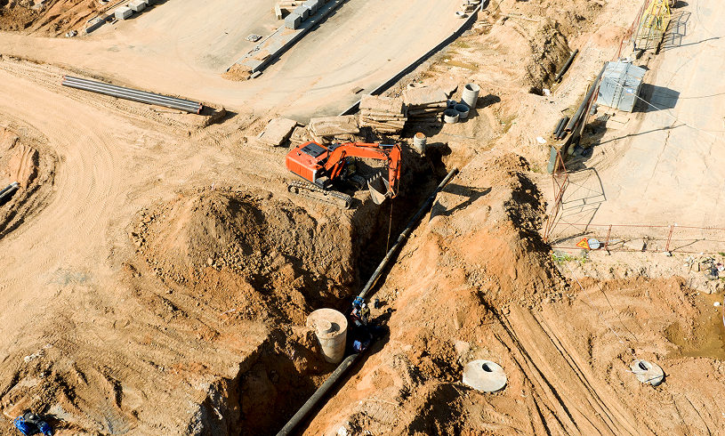 Aerial view of construction and excavation