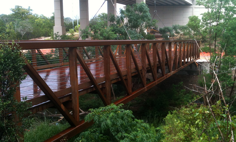 Wooden pedestrian bridge over lush greenery