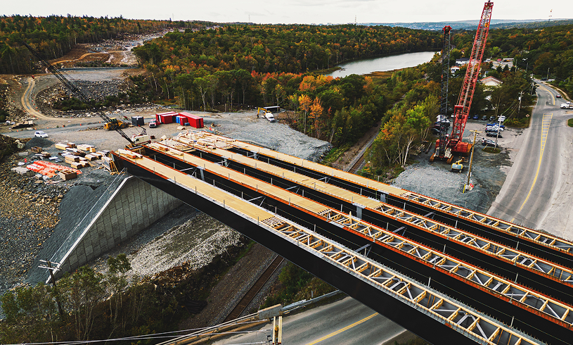 Aerial view of bridge construction site