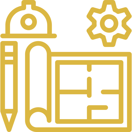 Blueprint, pencil, and gear icon