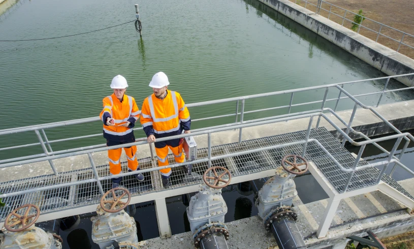 Workers in safety gear at water plant