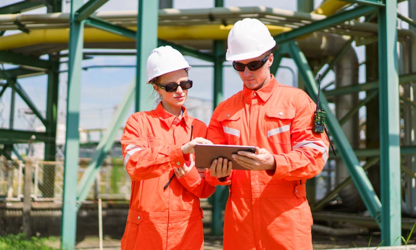 Industrial workers wearing safety gear