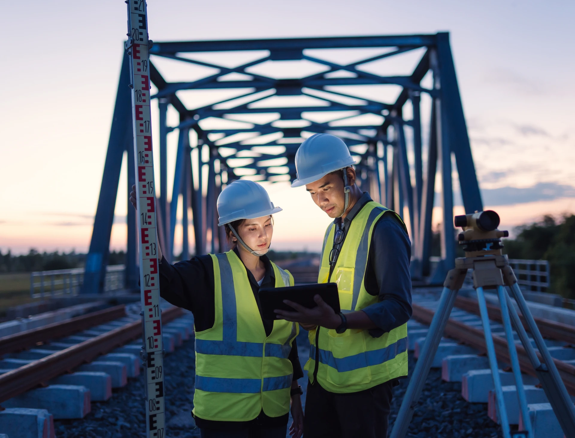 Surveyors with equipment on railway bridge